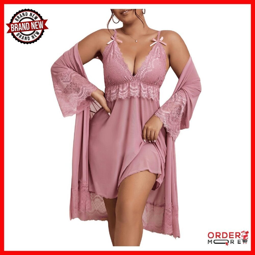Plus Size Lace Robe Pajama Set Nightgown Lounge Wear